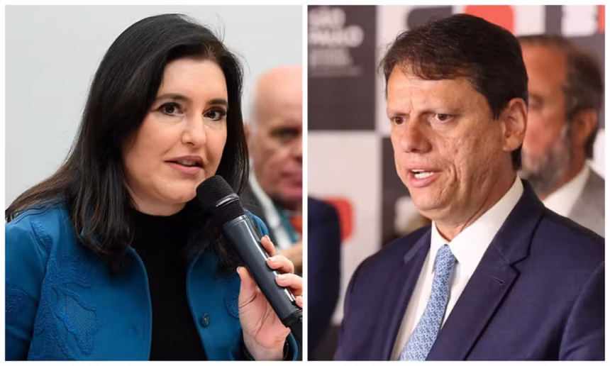 A ex-ministra Simone Tebet (PSB) e o governador de SP, Tarcísio de Freitas (Republicanos), pré-candidatos em São Paulo. Foto: Montagem/g1/Reprodução/Senado e GESP